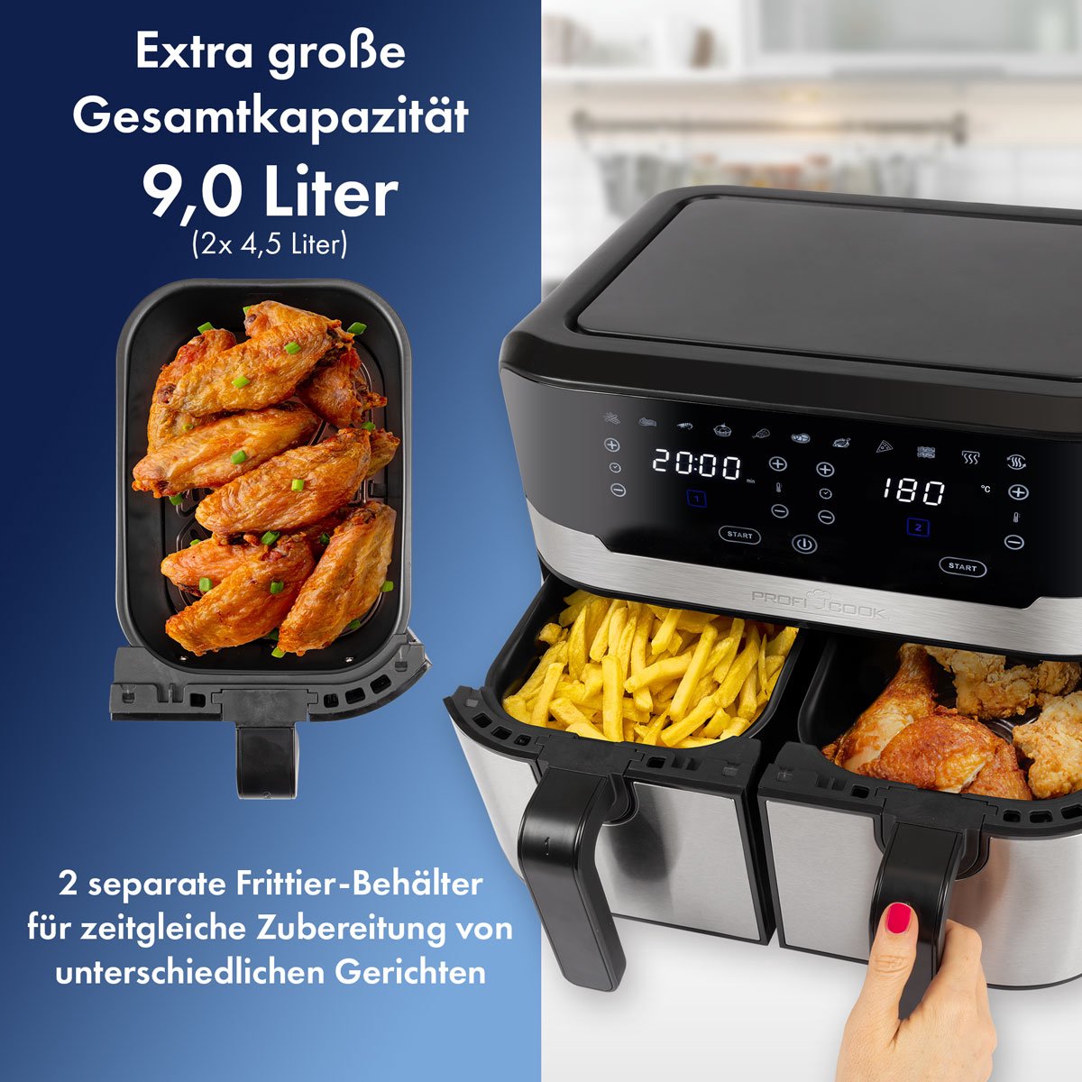 Afbeelding 3 van ProfiCook FR 1242 H - Dubbele Heteluchtfriteuse - Airfryer - 2x4,5 liter - 2400W