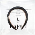 Zwarte glitter haarband in plastic verpakking met waarschuwingen.