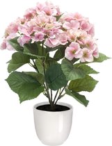 Hortensia kunstplant/kunstbloemen 40 cm - roze - in pot wit glans - Kunst kamerplant