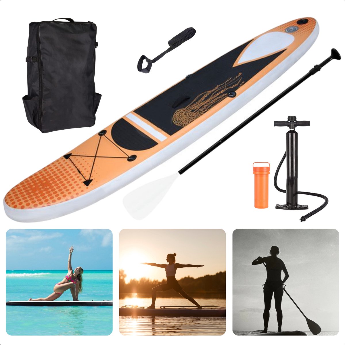 Complete SUP-Set - Opblaasbaar SUP Board - Stand Up Paddle Board - 305x71x15cm - 150kg - Ideaal voor Beginnende & Gevorderde Peddelsurfers - EVA Anti-Slip - Verstelbare Peddel - Met Rugtas - Handpomp - Leash - Reparatiekit - Inclusief EBOOK