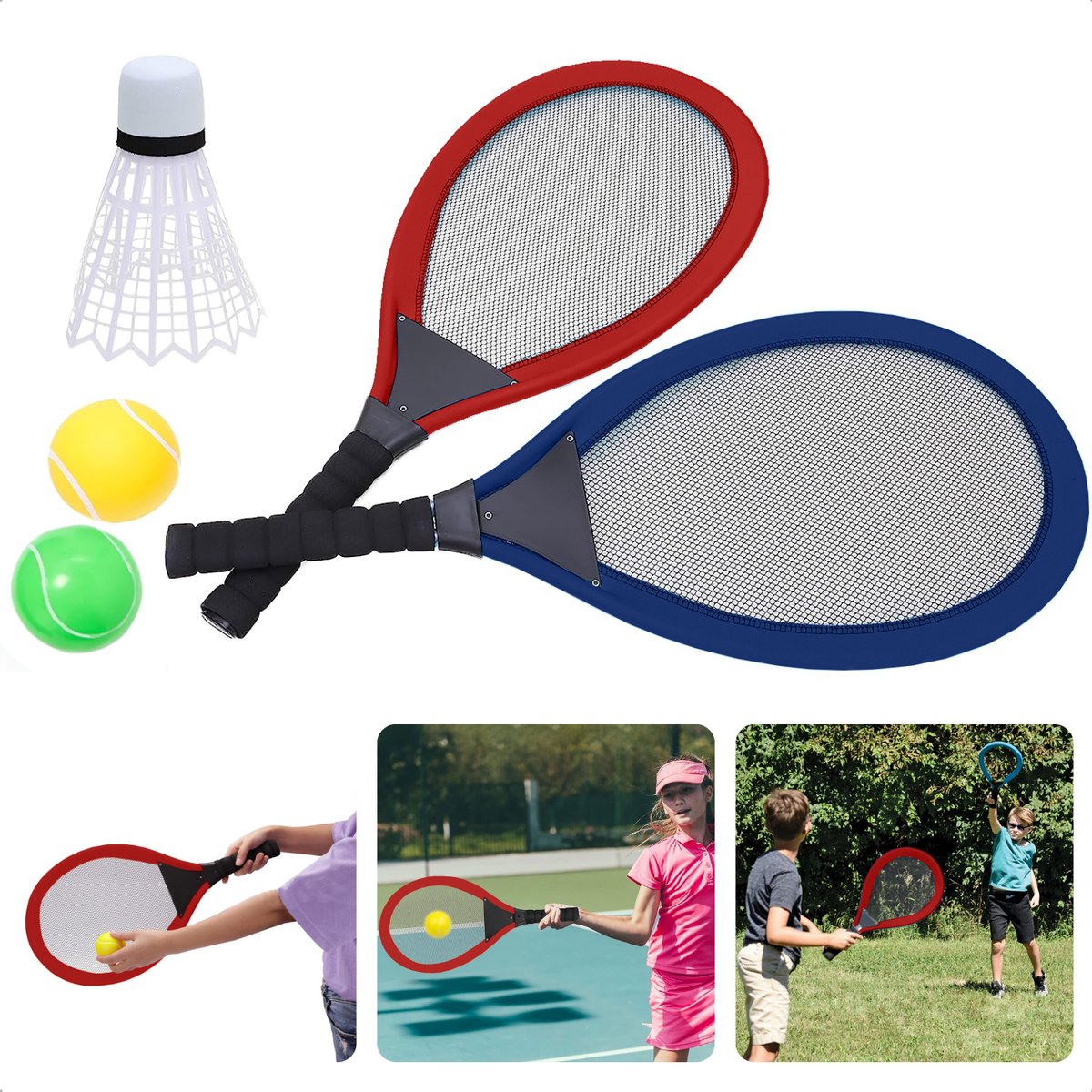 Cheqo® XL Tennisset - Tennis Set - Badminton - Beachball - 5 delig - 2 Rackets (65cm) - 2 Ballen (Ø6cm) - 1 Shuttle (21cm) - 625g - Cheqo