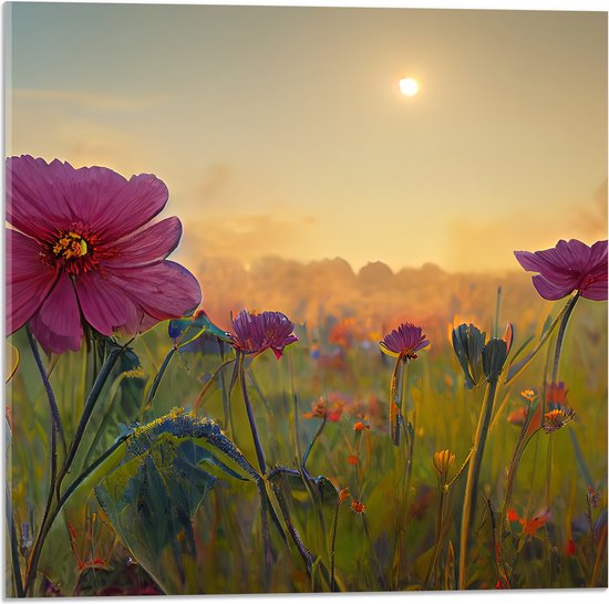 Acrylglas - Roze Bloemen in het Veld bij Wazige Zon - 50x50 cm Foto op Acrylglas (Wanddecoratie op Acrylaat)