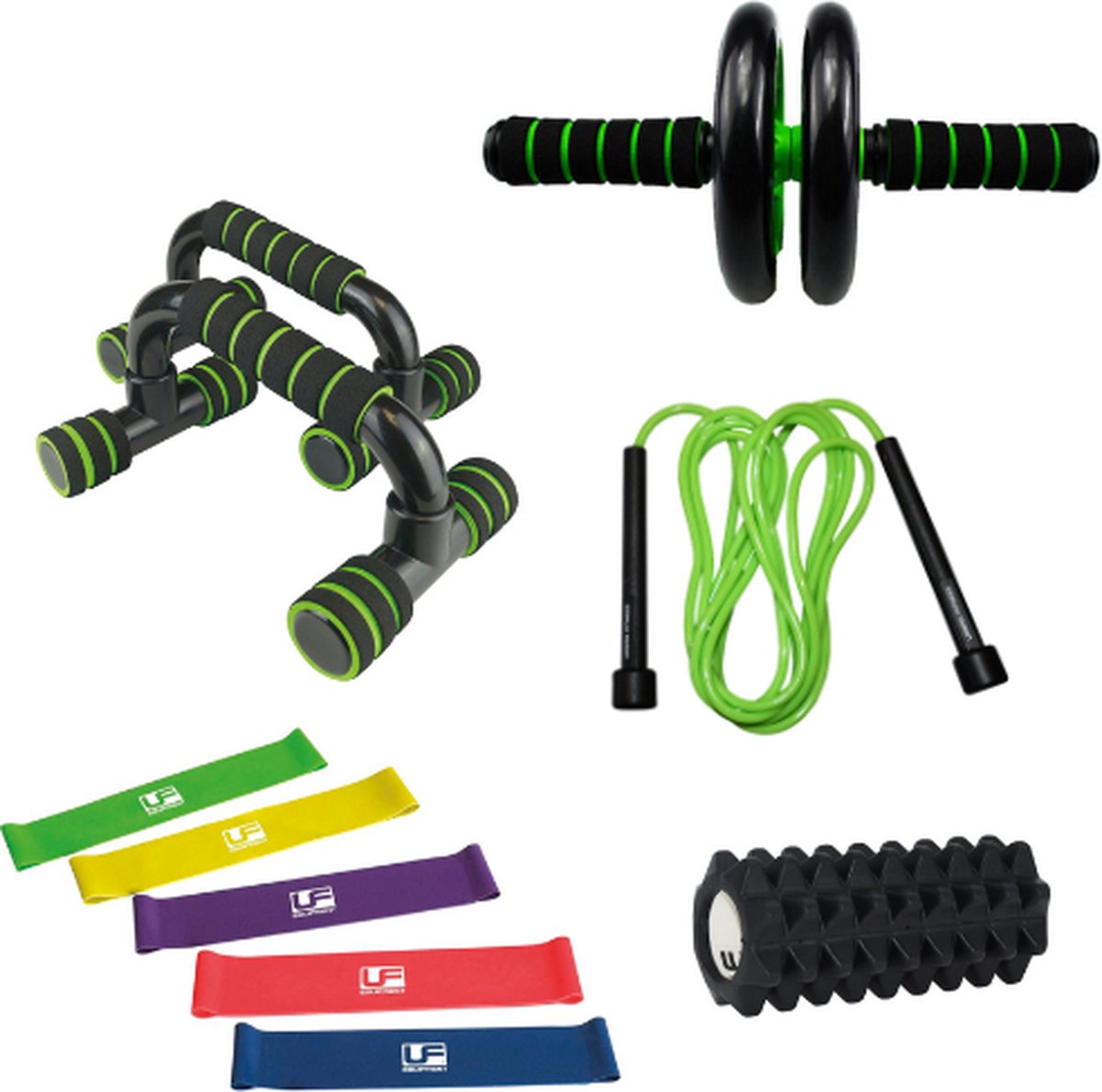 UFE Thuis fitness set groot - 5 weerstandsbanden - springtouw - massageroller - ab roller wiel - push up bars