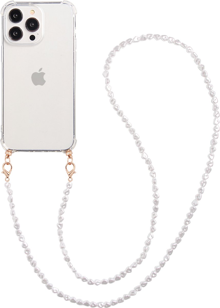 Geschikt voor iPhone 15 Hoesje Met Afneembare Parel Koord - Casies telefoonhoesje met parelkoord - Strap Case - Detachable - Lanyard - Crossbody - Transparant