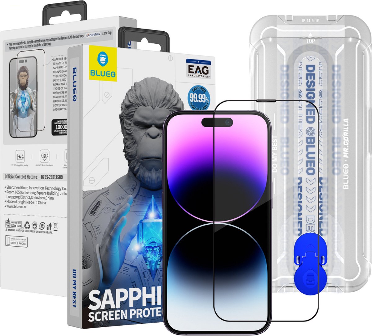 BLUEO Sapphire - Screenprotector Geschikt voor iPhone 15 | iPhone 14 Pro - Glas Bescherming - met Installatie Kit
