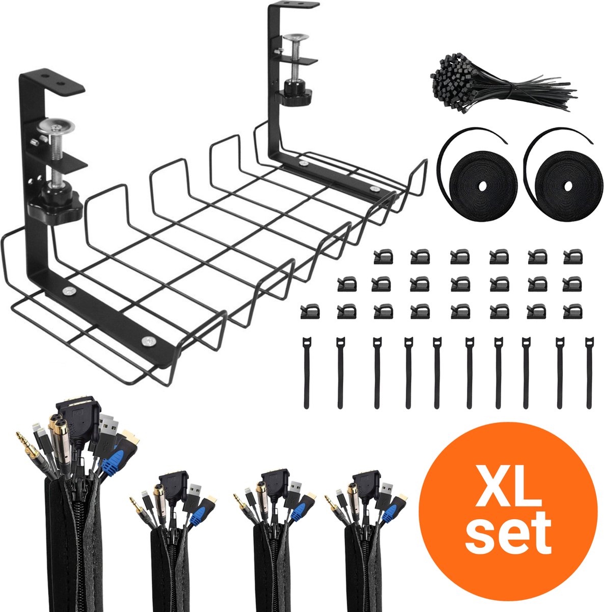 For-ce kabelmanagement set XL - 137 pcs - Inclusief cable management tray - Bureau organizer - Kabelgoot - Kabel organiser