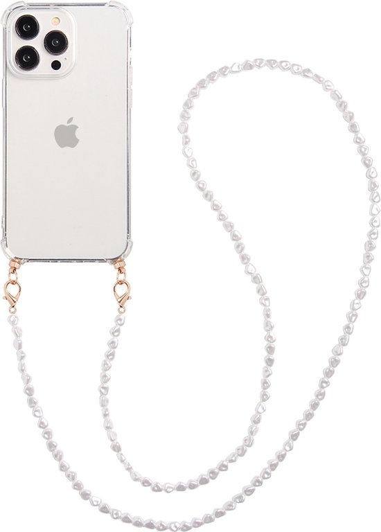 Casies hoesje geschikt voor iPhone 15 Pro Max Met Afneembare Parel Koord - Telefoonhoesje met parelkoord - Strap Case - Detachable - Lanyard - Crossbody - Transparant