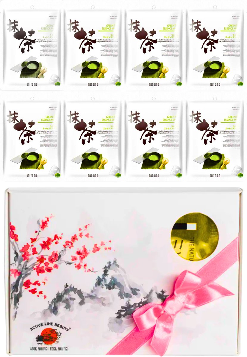 Mitomo Green Tea Matcha Gezichtmaskers - Giftset Vrouw - 8 x 25g - Verjaardag Cadeau Vrouw - Geschenkset Vrouwen