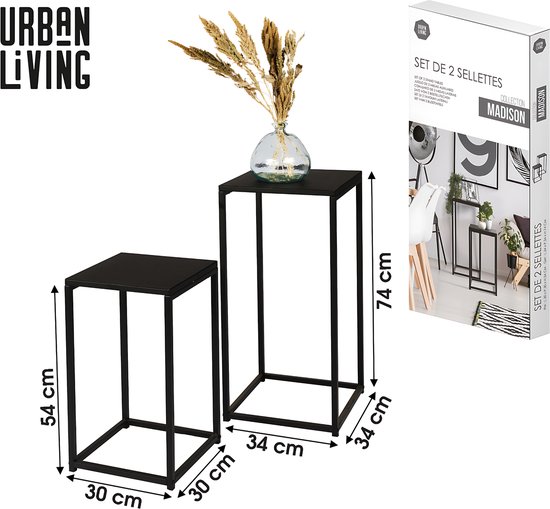 SET DE 2 SELLETTES EN METAL NOIR PM: 30X30XH54CM ET GM: 34X34XH74CM