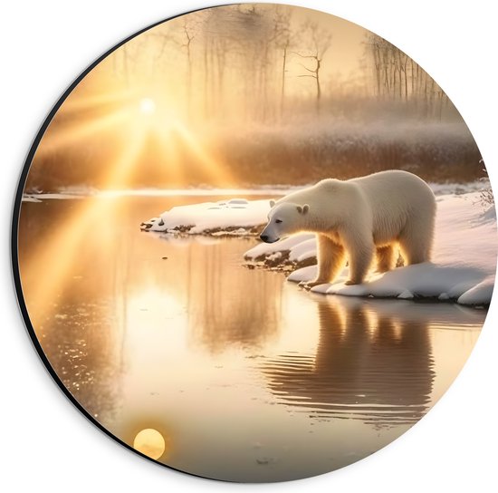 Dibond Muurcirkel - IJsbeer bij Beekje in Sneeuw Landschap met Zonsondergang - 20x20 cm Foto op Aluminium Muurcirkel (met ophangsysteem)