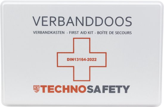 Technosafety Verbanddoos DIN13164-2022 + Wandhouder - EHBO Set - Internationaal Goedgekeurd - Verbandkast - First Aid Kit