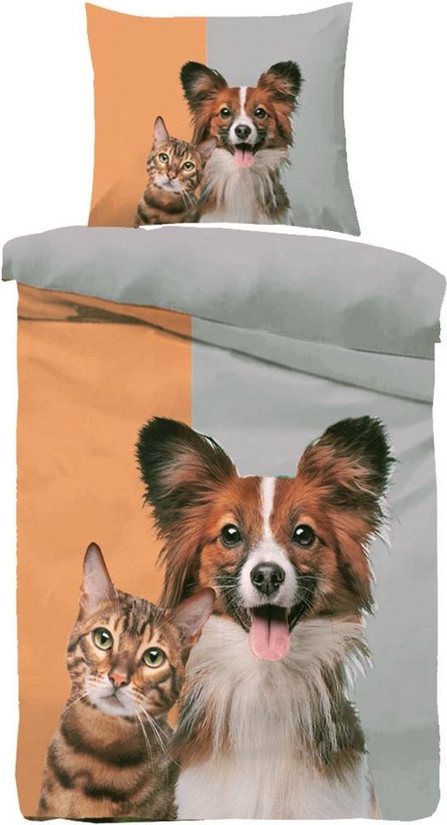 Dekbedovertrek -Hond en kat-Eenpersoons -140 x 220-cm + 1 kussensloop 60x70cm