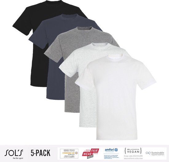 5 Pack Sol's Heren T-Shirt 100% biologisch katoen Ronde hals wit, zwart, licht grijs, donker grijs , muis grijs Maat 4XL