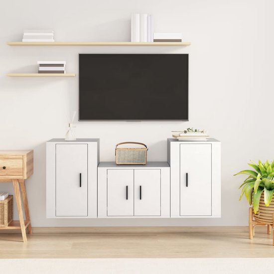 The Living Store Tv-meubelset - Klassiek ontwerp - Wandgemonteerd - 3-delige set - Wit