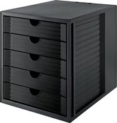 Boîte à tiroirs SYSTEMBOX KARMA au moins 80 % de plastique recyclé avec 5 tiroirs fermés, bureau ou armoire, avec serrure coulissante + clip pour étiquettes, pieds en caoutchouc, 14508-13, noir