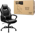 Zwarte, ergonomische bureaustoel met witte stiksels, naast de kartonnen verpakking met merklogo.