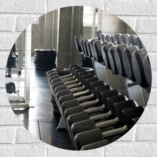 Foto: Muursticker cirkel rij dumbells op rek in sportschool 60x60 cm foto op muursticker