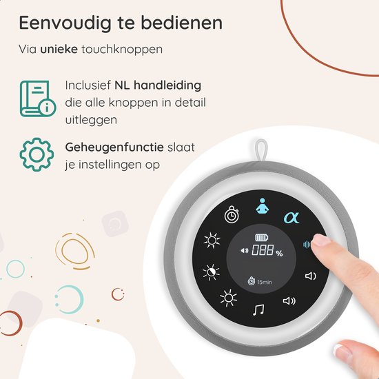Vinger bedient Numsy Touch machine. Toont touch-knoppen en geheugenfunctie.