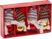 BRUBAKER 4-delige Set Kerstkabouters van Hout en Touw - Boomhanger Kersthanger - 8 cm in Geschenkdoosje Rood