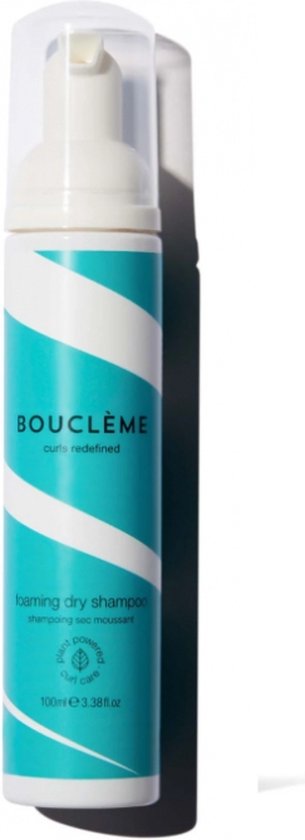 Fles met teal- en witte spiraalvormige strepen voor droogshampoo met een witte dop.