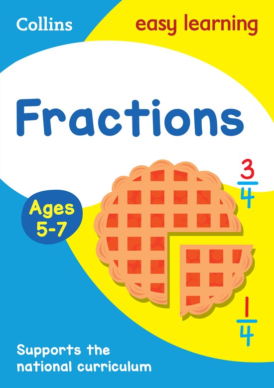 Collins easy learning Fractions. Voor 5-7 jarigen. Met een taart die in vier delen is verdeeld.