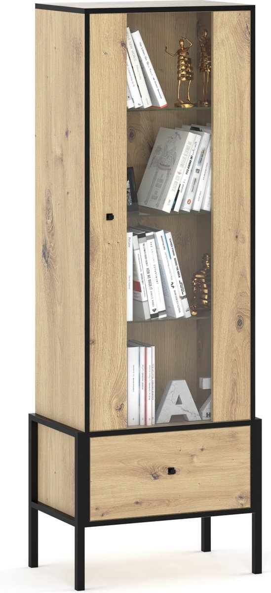 AZ-Home - Vitrinekast Livi 1 - Eiken - Zwart - 59 cm - Kast - Boekenkast - Opbergkast