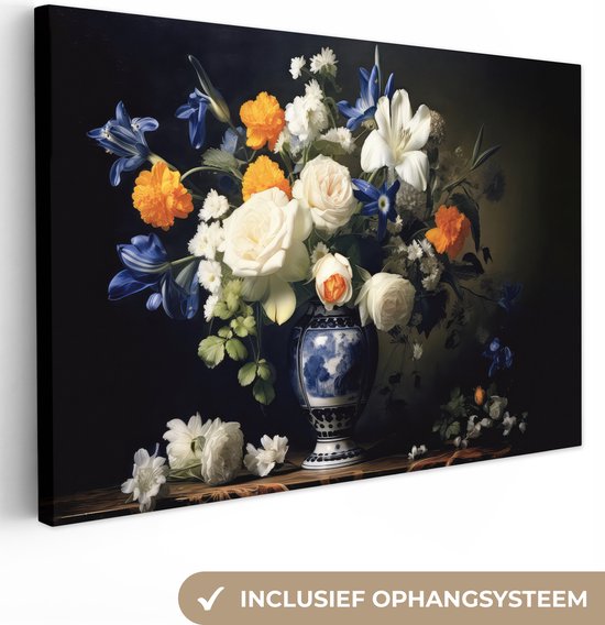 Canvas Schilderij Bloemen - Stilleven - Rozen - Delfts blauw - Vaas - 90x60 cm - Wanddecoratie