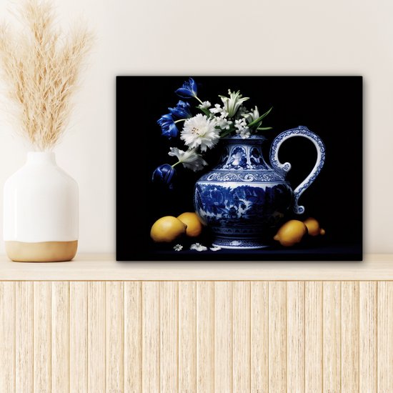 Peinture sur toile Nature morte - Cruche - Bleu de Delft - Fruits - Fleurs - 40x30 cm - Décoration murale