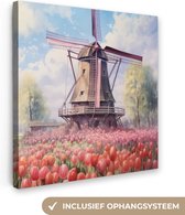 Canvas Schilderij Molen - Tulpen - Bloemen - Landschap - Hollands - 50x50 cm - Wanddecoratie