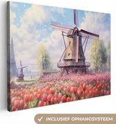 Canvas Schilderij Molen - Tulpen - Bloemen - Landschap - Hollands - 40x30 cm - Wanddecoratie