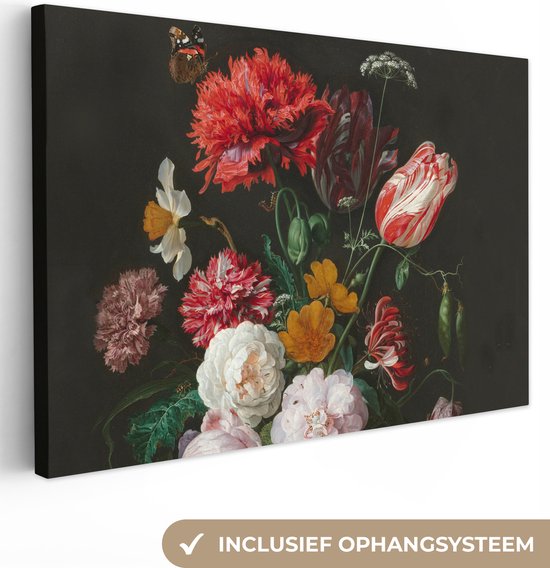 Canvas Schilderij - Stilleven met bloemen in een glazen vaas - Jan Davidsz. de Heem - Kunst - 140x90 cm - Wanddecoratie - Slaapkamer
