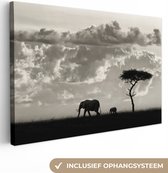 Canvas schilderij - Olifant zwart wit 150x100 - Kamer decoratie accessoires - Natuur schilderijen woonkamer - Wanddecoratie slaapkamer dieren - Muurdecoratie keuken - Wanddoek interieur binnen - Woondecoratie huis - Woonaccessoires