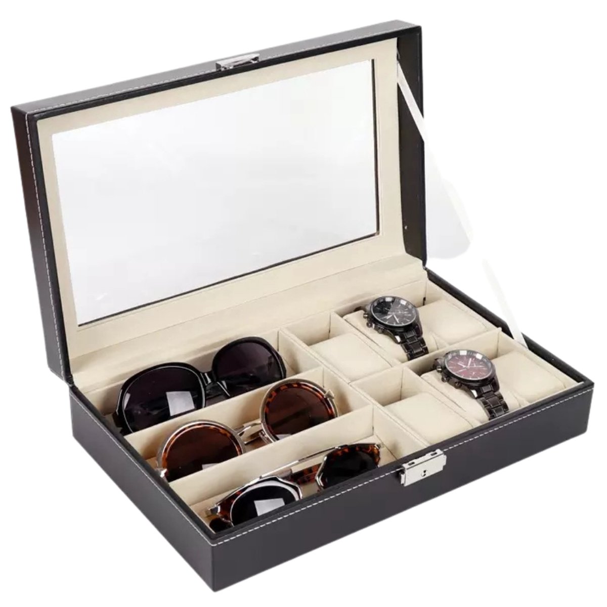 Cheqo® Luxe Horlogedoos - Horloge Etui - Opbergdoos voor 6 Horloges en 3 Brillen - Brillendoos