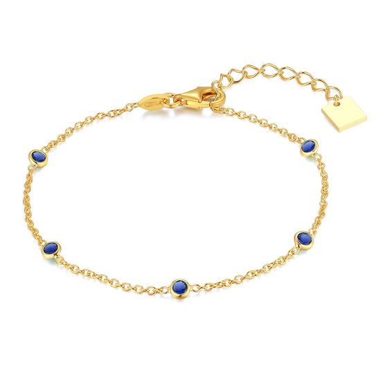 Bracelet Twice As Nice en argent, doré, 5 pierres rondes en zircone bleues 15 cm + 3 cm