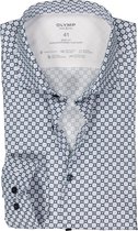 OLYMP 24/7 Level 5 body fit overhemd - mouwlengte 7 - twill - blauw met wit dessin - Strijkvriendelijk - Boordmaat: 38