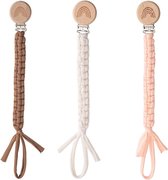 Pacifier Clip voor jongens meisjes Pacifier Holder Leash Boho Rainbow Houten Clips Handgemaakt gevlochten katoen Unisex Baby Shower Verjaardagscadeau (White Light Pink Brown)