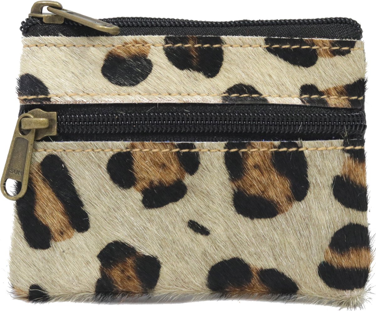 STUDIO Ivana - Lederen mini portemonnee - animalprint - beige/bruin/ zwart - klein beursje van leer - dierenprint