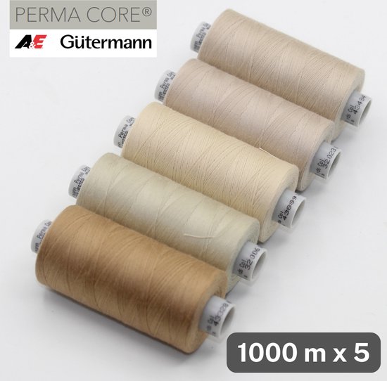 Vijf spoelen Gütermann Perma Core polyester garen in beige tinten, 1000 m x 5.