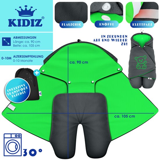 KIDIZ® Baby Slaapzak voor Buggy Voetenzak voor Autostoeltje & Wandelwagen Babyschaal, voor Winter met Kap + Babyslaapzak Deken voor Maxi-Cosi & Kinderwagen alle Gordelsystemen 3 & 5-Puntsgordel - Antraciet / Groen van Merkloos — afbeelding 3