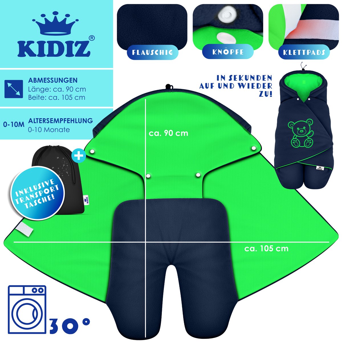 KIDIZ® Baby Slaapzak voor Buggy Voetenzak voor Autostoeltje & Wandelwagen Babyschaal, voor Winter met Kap + Babyslaapzak Deken voor Maxi-Cosi & Kinderwagen alle Gordelsystemen 3 & 5-Puntsgordel - Marineblauw / Groen – foto 4