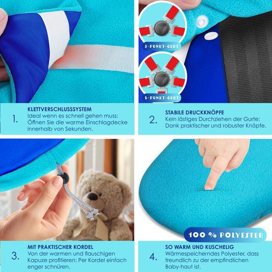 KIDIZ® Baby Slaapzak voor Buggy Voetenzak voor Autostoeltje & Wandelwagen Babyschaal, voor Winter met Kap + Babyslaapzak Deken voor Maxi-Cosi & Kinderwagen alle Gordelsystemen 3 & 5-Puntsgordel - Turkoois / Blauw van Merkloos — afbeelding 5