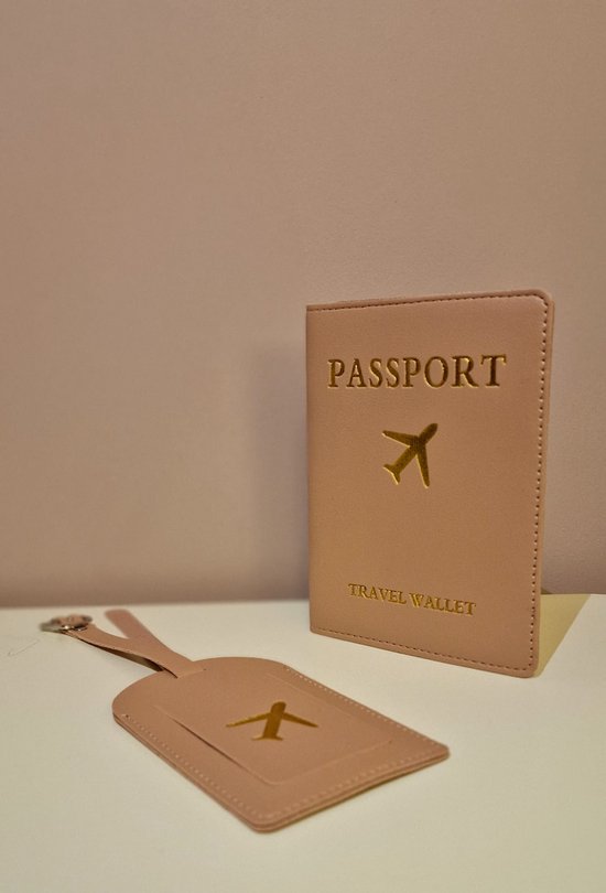 Couverture de passeport avec étiquette de bagage - Rose avec or - Porte-passeport - Couverture de passeport - Accessoires de voyage - Étiquette de valise - Étiquette de bagage - Set - Passeport et étiquette - Vacances