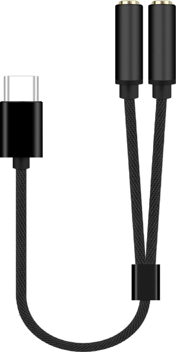JUALL Audio Splitter 3.5mm - USB C naar 2x Jack Splitter - Splitter Koptelefoon - Zwart Gevlochten