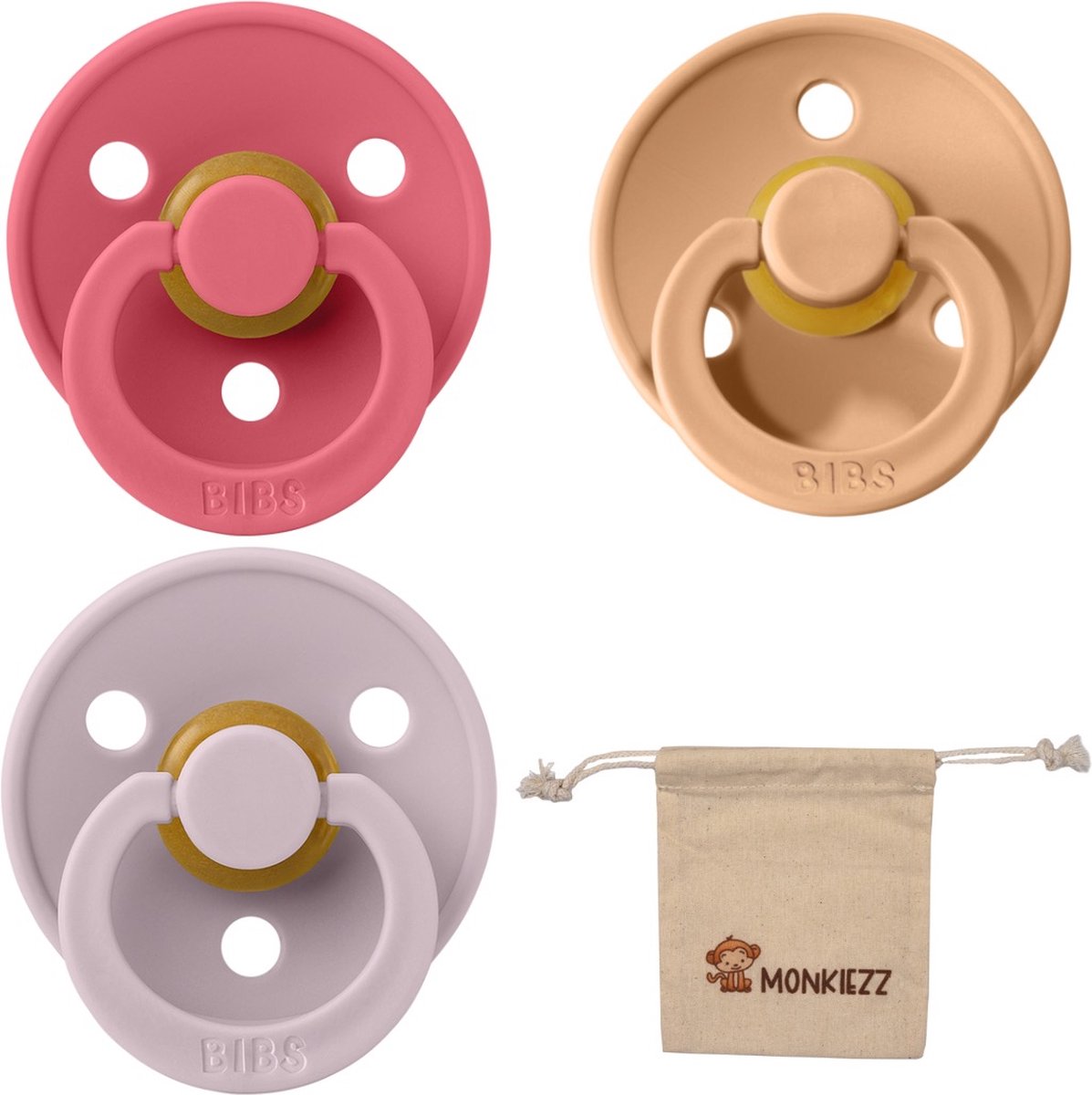 Goedkoopste Bibs fopspeen - maat 1 0-6 maanden - 3 stuks – Coral - Peach - Dusky Lilac Monkiezz speenzakje