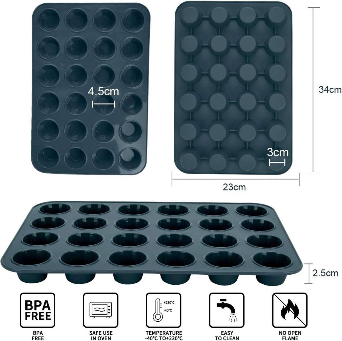 Belmalia Mini Muffin Bakvorm Silicone, 24 Holtes, 34 x 24 x 2 cm, Antiaanbaklaag, Cupcake Muffins Vorm, Zwart Belmalia Mini Muffin Bakvorm Silicone, 24 Holtes, 34 x 24 x 2 cm, Antiaanbaklaag, Cupcake Muffins Vorm, Zwart