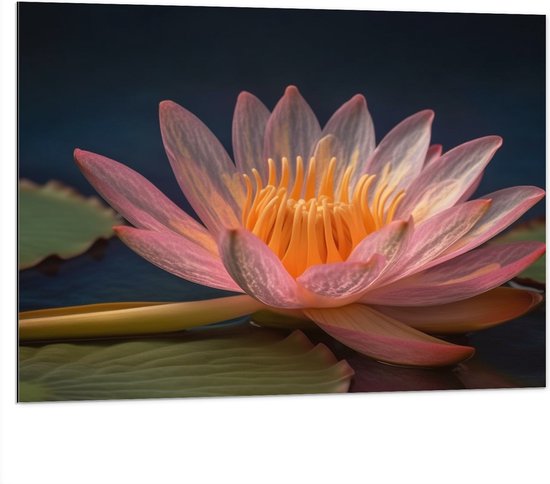 Dibond - Lotus Bloem Drijvend op Lelieblad en Water - 100x75 cm Foto op Aluminium (Wanddecoratie van metaal)