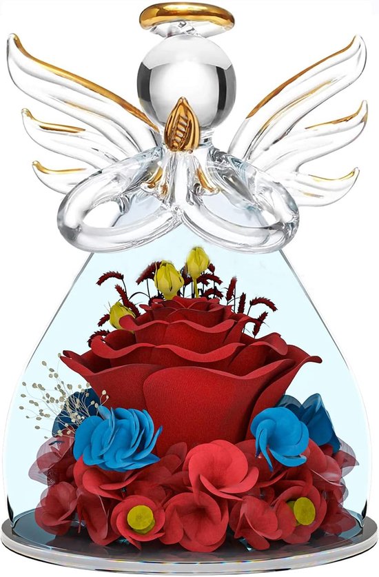 Sayapeiy Eeuwige roos in engelfiguur van glas, handgemaakte Forever Rose, verjaardag Valentijnsdag vrouwen mama oma vriendin engel ornamenten decoratie (11,5 x 8,5 cm)