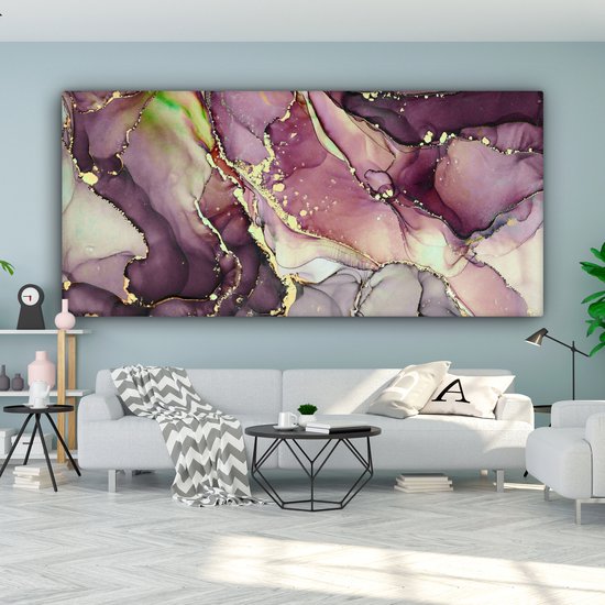 Peinture sur toile 160x80 cm - Décoration murale Marbre - Rouge - Violet - Or - Décoration murale murale salon - Décoration chambre - Accessoires de chambre - Peintures