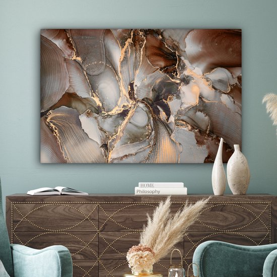 Toile Peinture Grijs - Goud - Marbre - 140x90 cm - Décoration murale