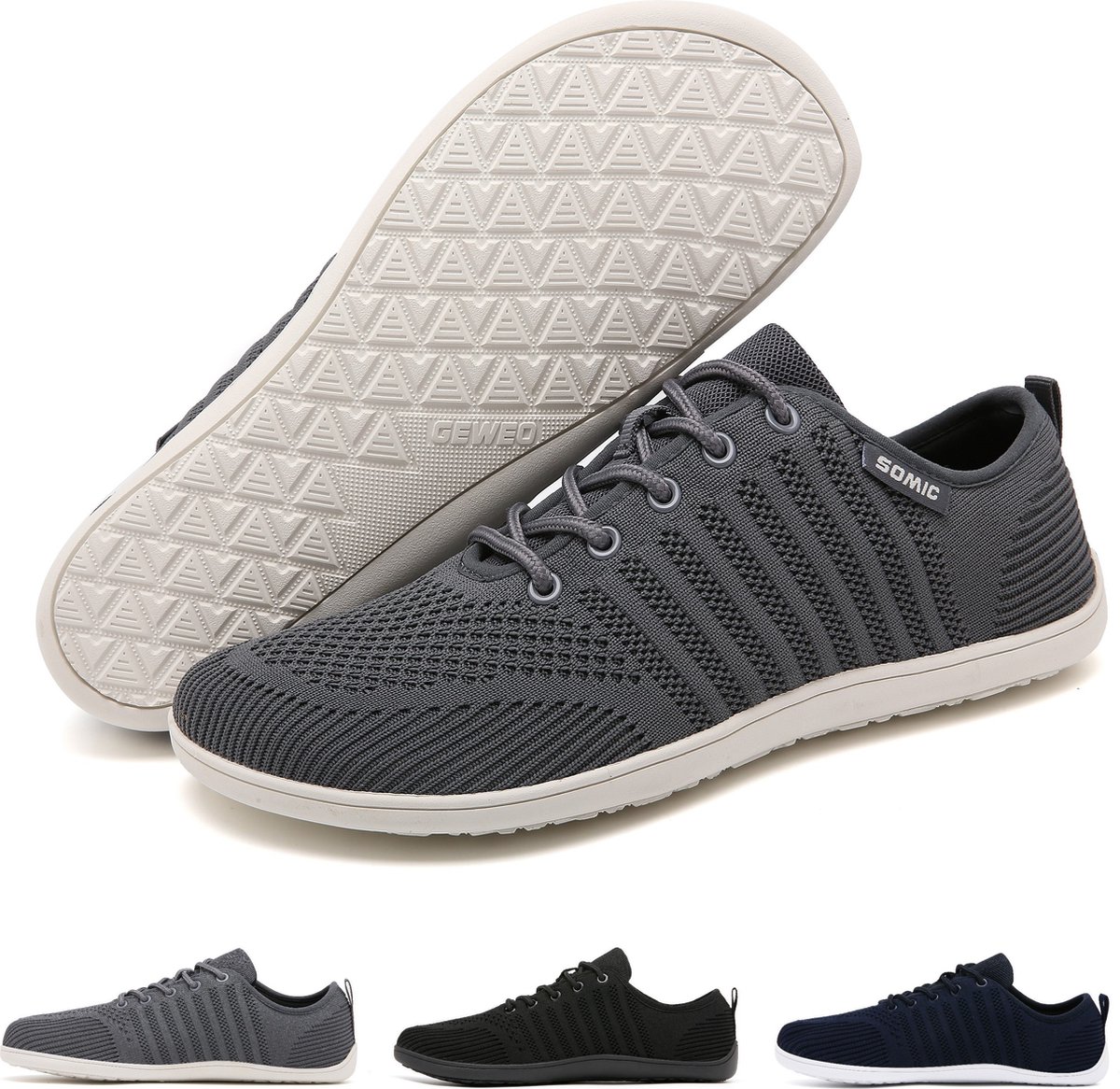 Somic Barefoot Schoenen - Sportschoenen Sneakers - Fitnessschoenen - Hardloopschoenen - Ademend Knit Textiel - Platte Zool - Grijs - Maat 44